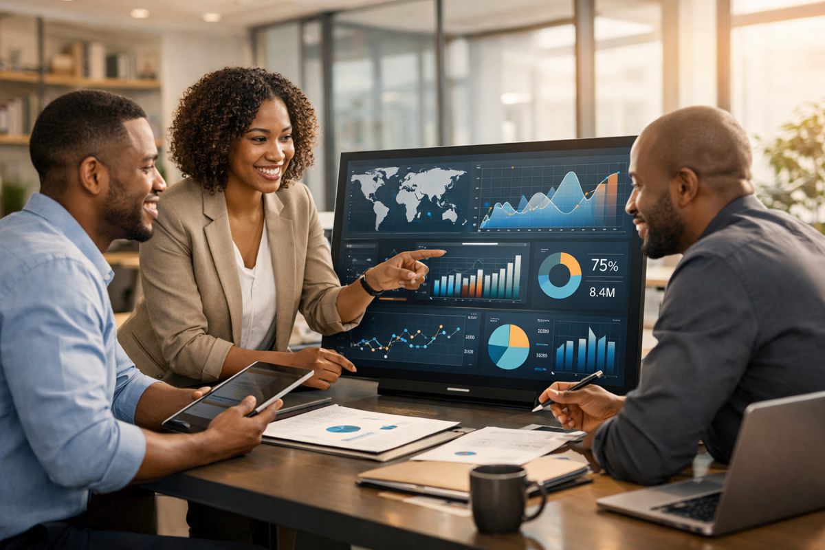 Three colleagues reviewing charts on a monitor